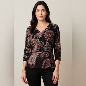 Chico’s Black Paisley Sequin Top Women’s Sz 0 (M) Cotton Modal 3/4 Sleeve Boho